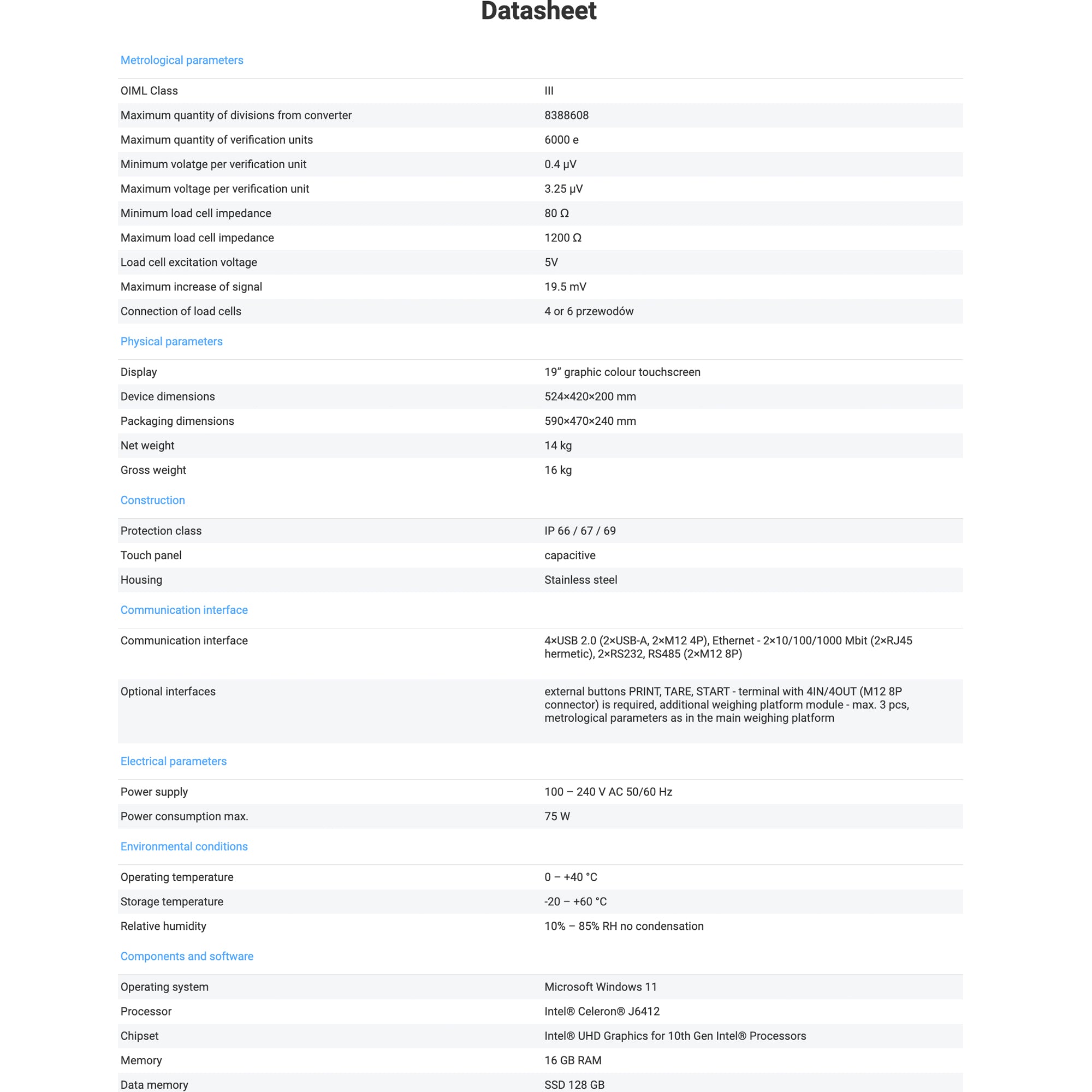 Radwag® PUE 5.19C Stainless Steel Weighing Terminal, 19" Color Capacitive Touch Display, WX-008-0038