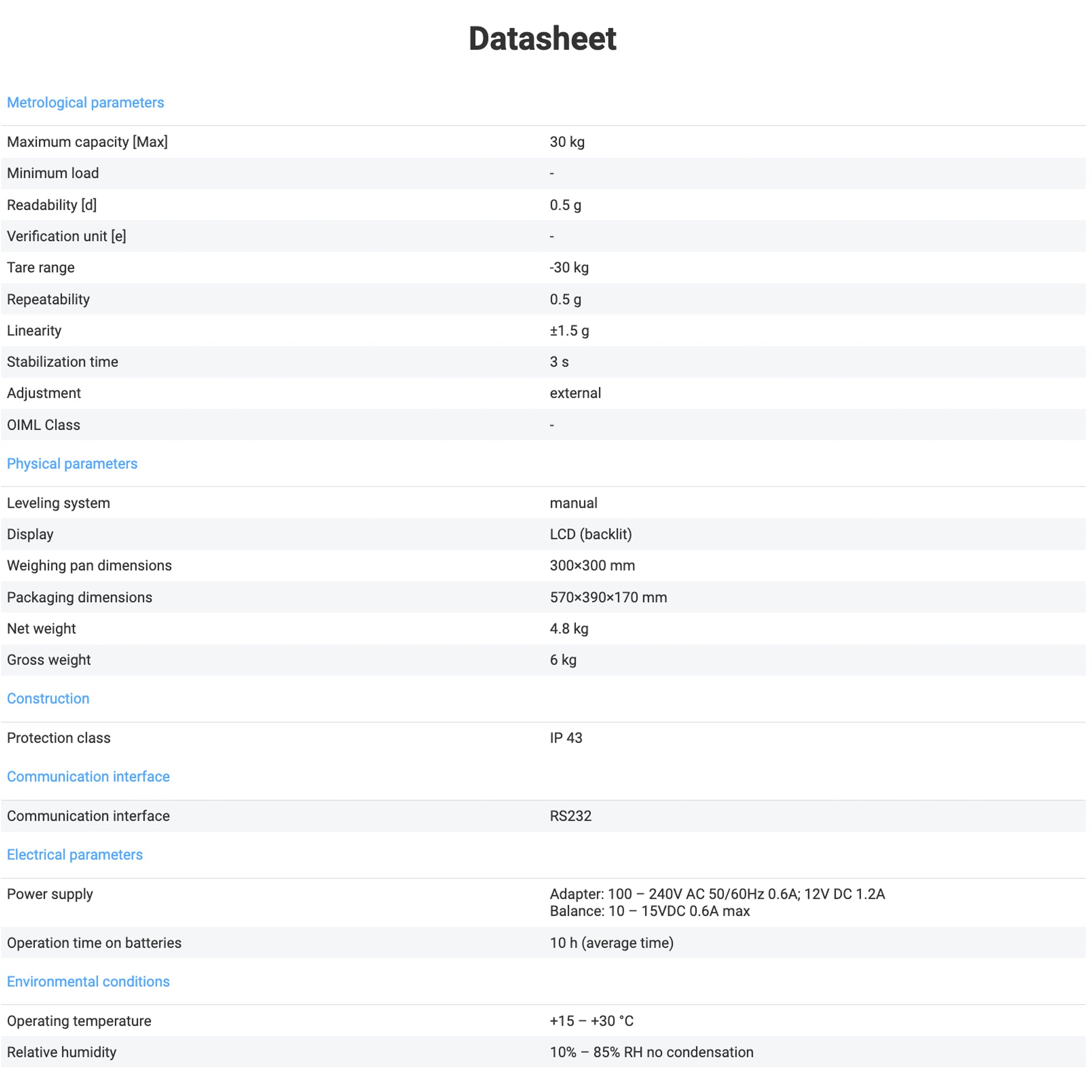 Radwag® WLC 30/F1/K Precision Balance, 30kg x 500mg, WL-206-0077