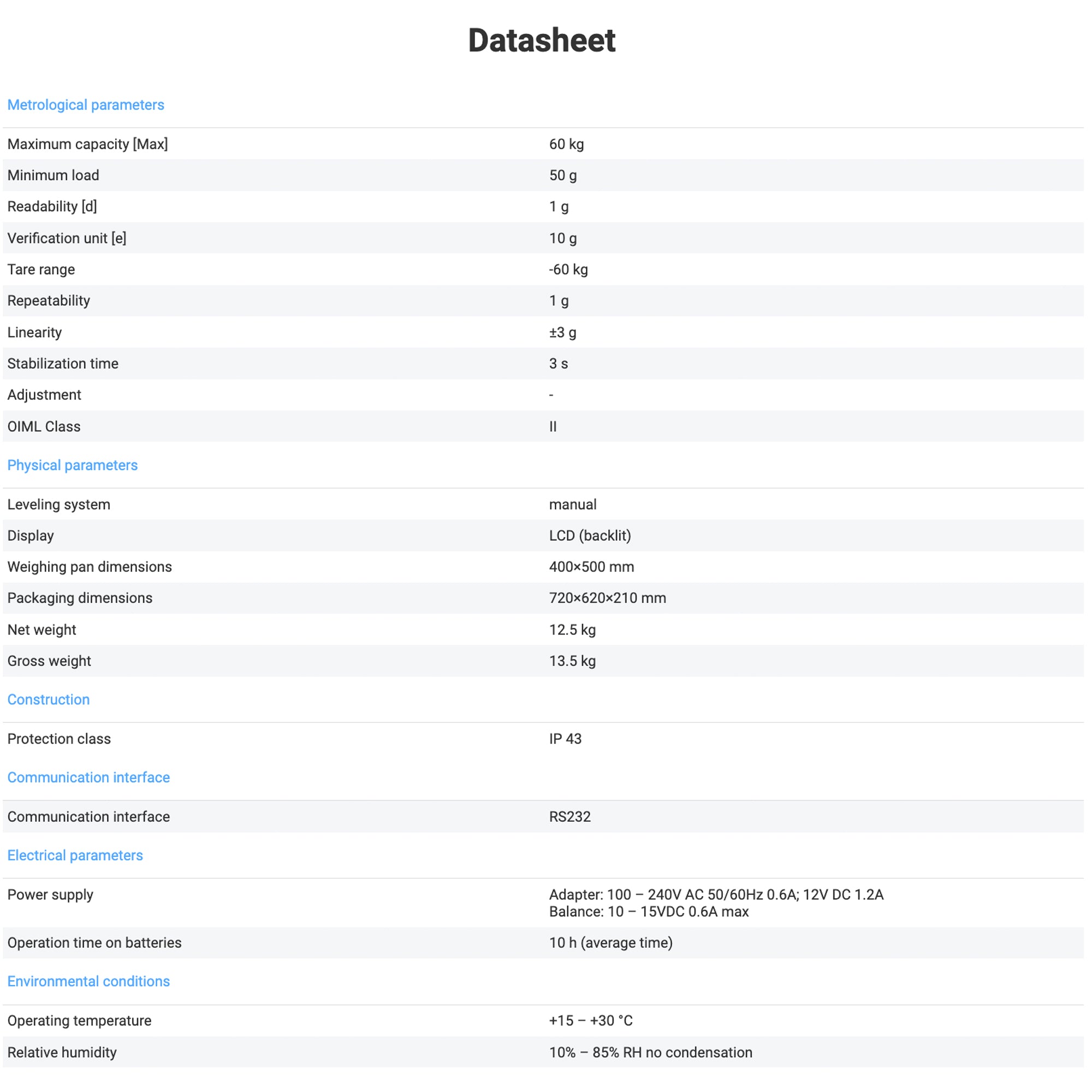 Radwag® WLC 60/C2/R Precision Balance, 60kg x 1g, WL-206-0063