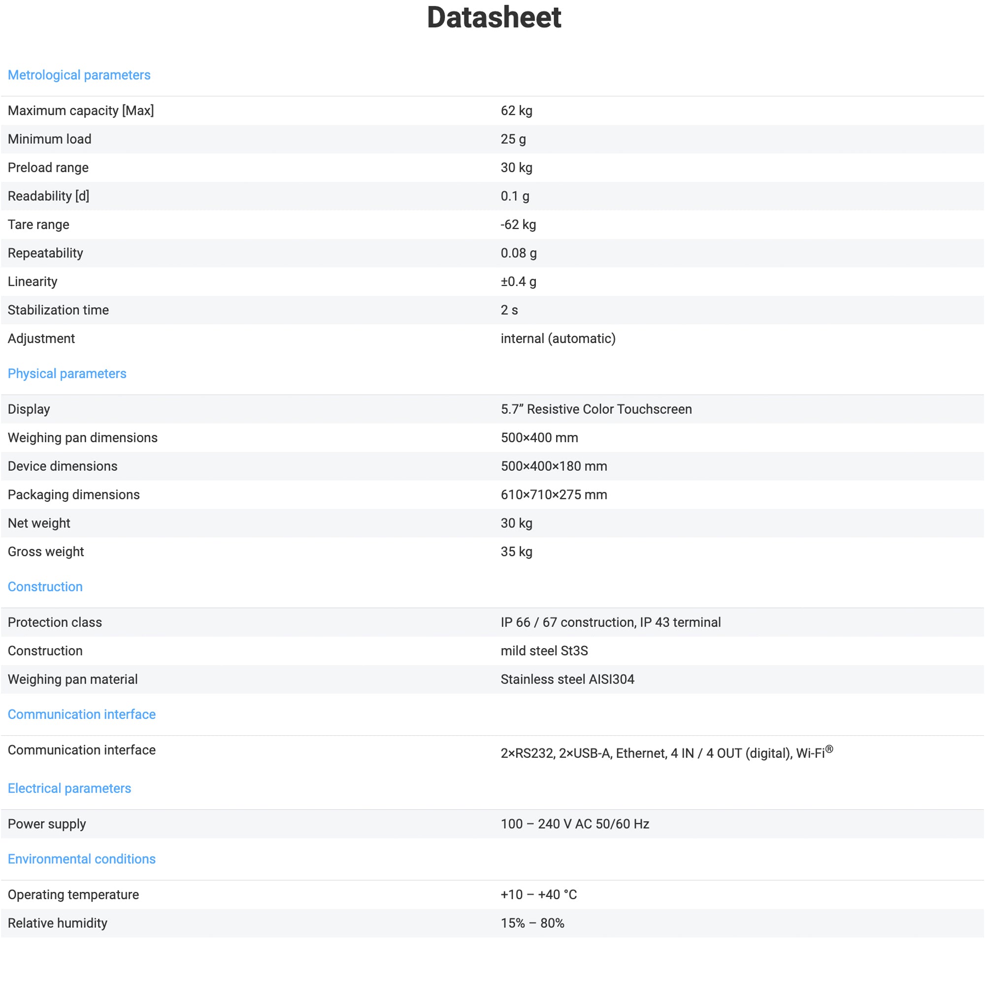 Radwag® PUE 7.1.62.HRP High Resolution Industrial Scale, 62kg x 0.1g, WP-350-0010