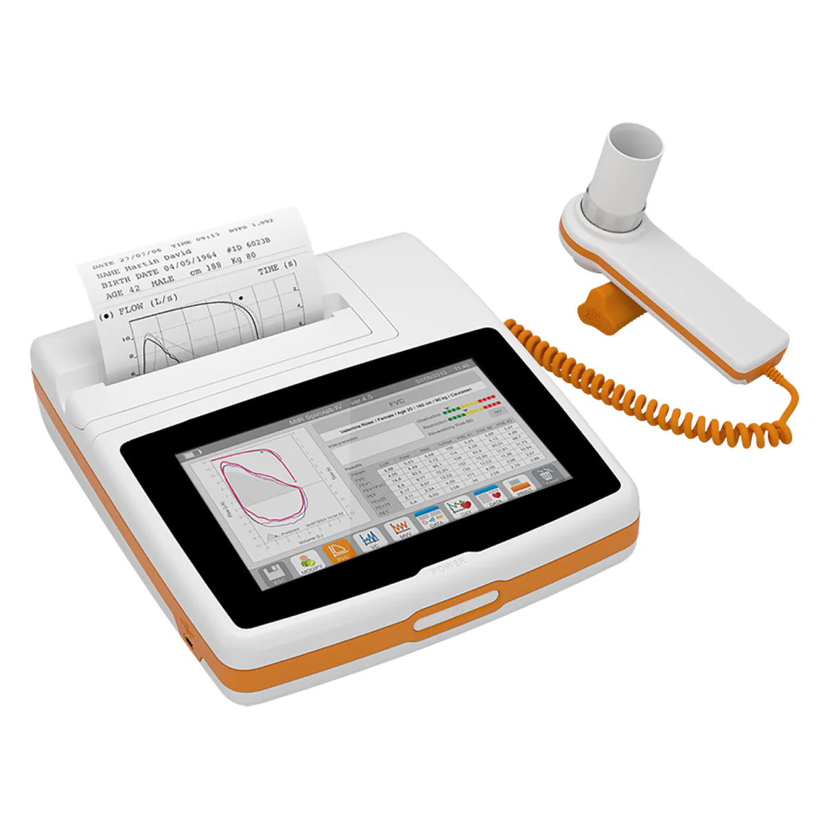 MIR® Spirolab™ desktop spirometer with a color touchscreen displaying spirometry test curves and lung function data.